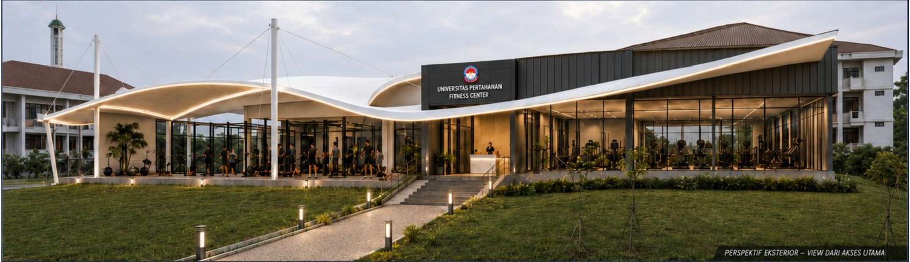 Perspektif eksterior UNHAN Fitness Center dengan floating ribbon canopy saat senja