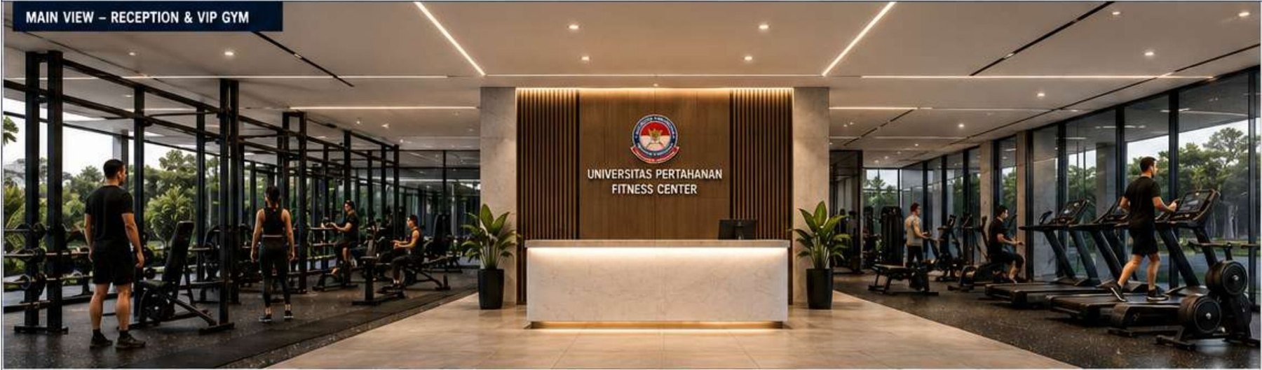 Perspektif interior reception dan VIP full AC gym UNHAN Fitness Center